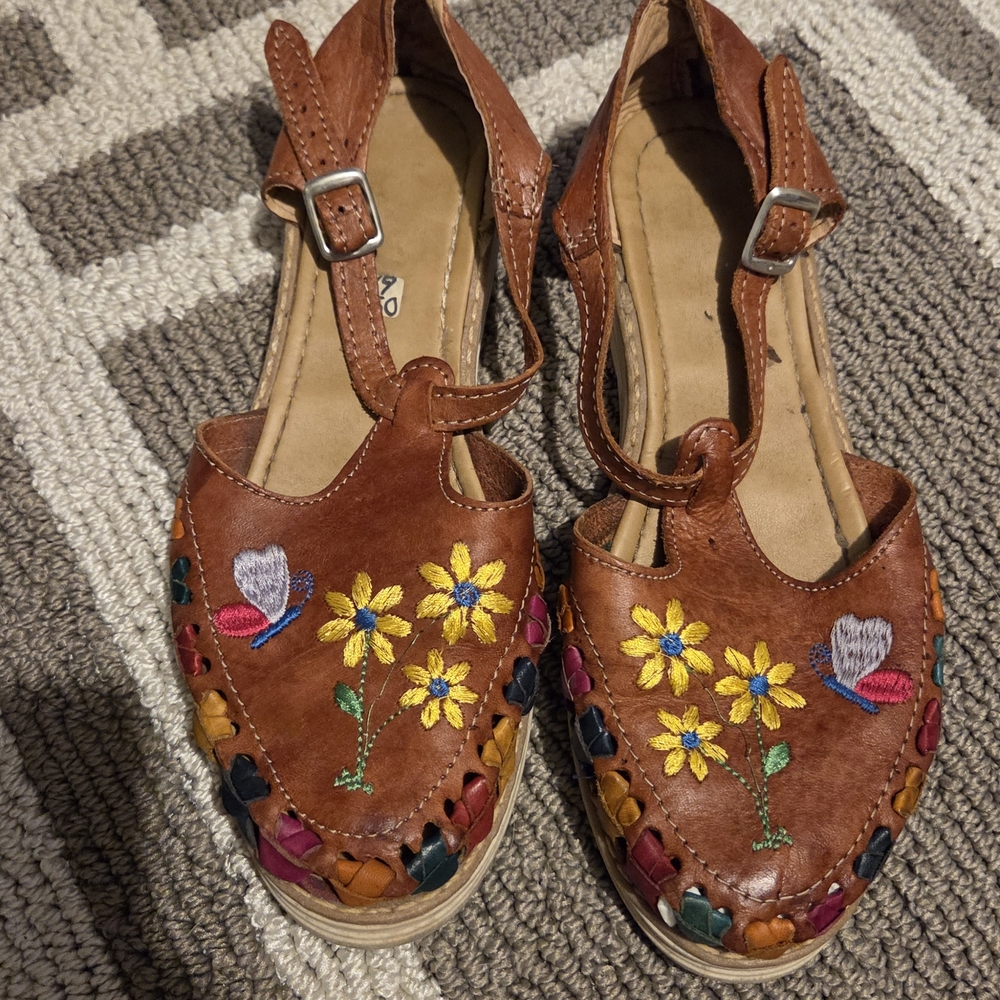 Mexican Embroidered Brown Leather Sandals